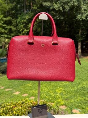 MCM Red Pebbled Leather Satchel with Gold Accents